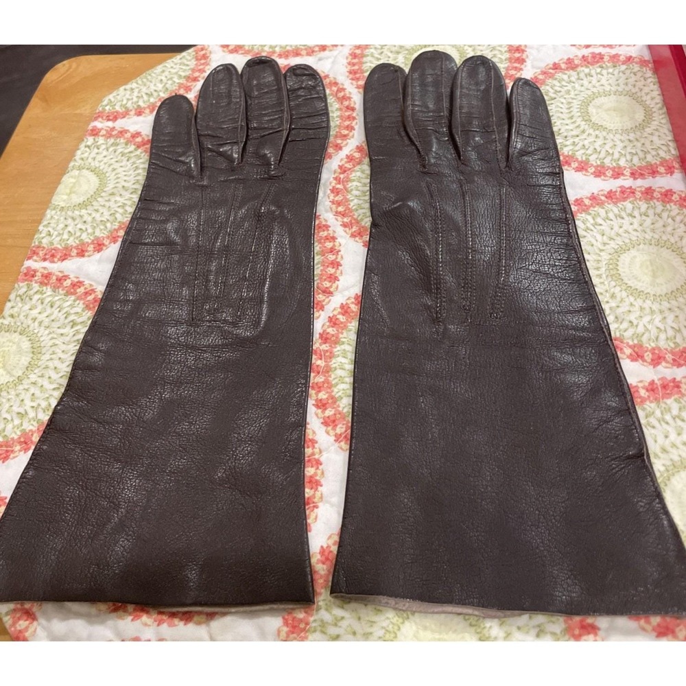Vintage Womens 6.75 Leather Gloves Brown Mid Length Argentina Stitched Detail